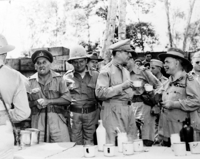 New Guinea. October 1942. A tea break at a canteen in the forward areas during a tour of inspection by US General, Douglas MacArthur