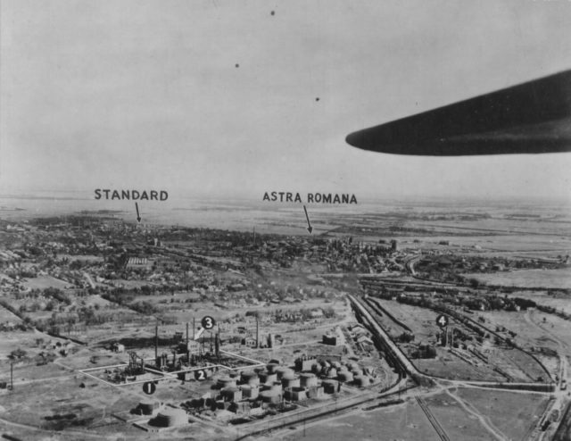 Reconnaissance photo of the two primary oil refineries in Ploiesti Romania taken in preparation of the low-level B-24 Liberator bomber attack of 1 August 1943