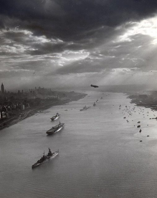 USS Augusta, USS Midway, USS Enterprise, USS Missouri, USS New York, USS Helena, and USS Macon in the Hudson River in New York, New York, United States for Navy Day celebrations, 27 October 1945.