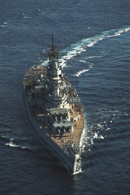 An aerial bow view of the battleship USS Missouri (BB-63) underway.