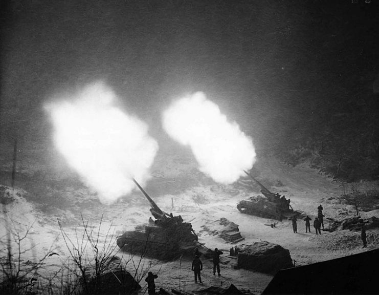 A pair of 155mm GMC M40 providing fire support to U.S. Army 25th Infantry Division , Munema, Korea, 26 November 1951