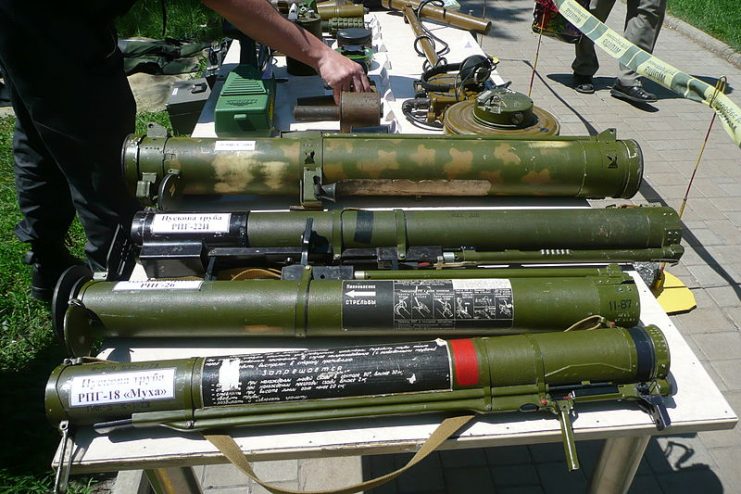 Soviet/Russian rocket launchers. From up to down: RPO-A Shmel, RPG-22, RPG-26, RPG-18. By Andrew Butko CC BY-SA 3.0