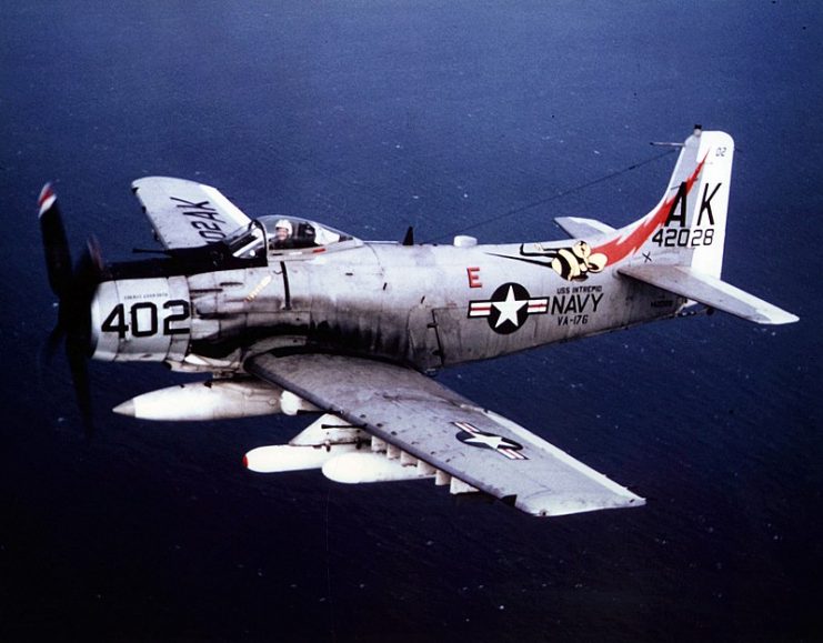 Douglas A-1J Skyraider of Attack Squadron 176 “Thunderbolts” in flight. VA-176 was assigned to Attack Carrier Air Wing 10 aboard the aircraft carrier USS Intrepid for a deployment to Vietnam from 4 Apr to 21 Nov 1966.