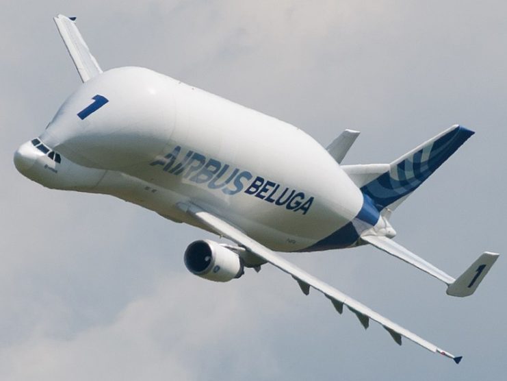 Beluga F-GSTA in the Airbus livery, during a flying display at Airexpo 2014. By Don-vip CC BY-SA 3.0