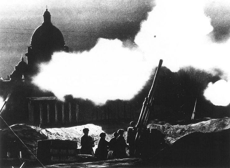 The fire of anti-aircraft guns deployed in the neighborhood of St. Isaac’s cathedral during the defense of Leningrad (now called St. Petersburg, its pre-Soviet name) in 1941.