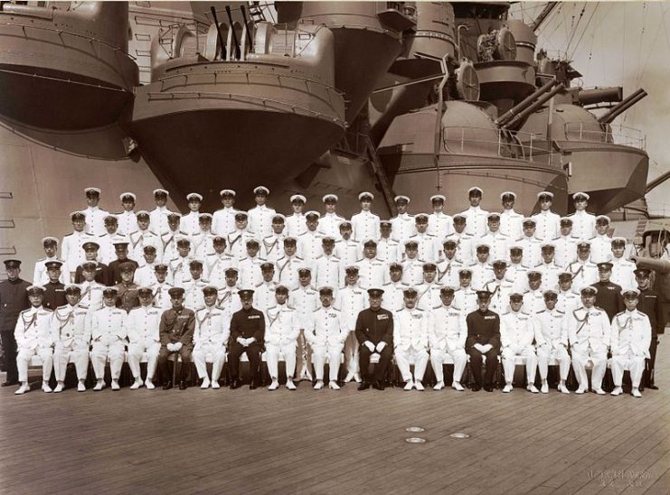 Emperor Hirohito and his staff on board Musashi, 24 June 1943. By せたがやアバント CCBY-SA 3.0