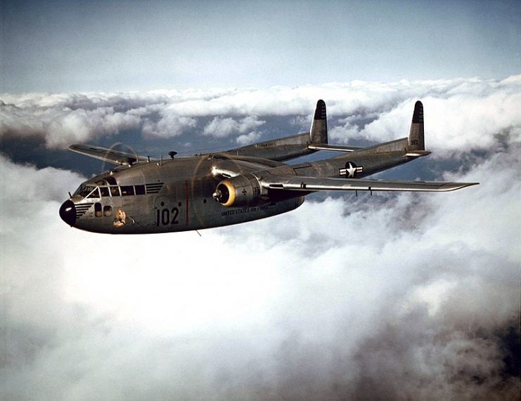 A U.S. Air Force Fairchild C-119B-10-FA Flying Boxcar (s/n 49-102) of the 314th Troop Carrier Group in 195