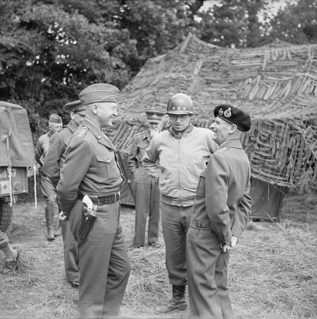 General Montgomery with Lieutenant Generals George S. Patton (left) and Omar Bradley (center) at 21st Army Group HQ, 7 July 1944.