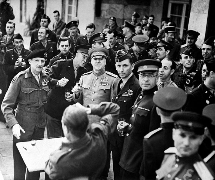 Montgomery was awarded the Order of Victory on June 5, 1945. Dwight Eisenhower, Georgy Zhukov, and Sir Arthur Tedder were also present.