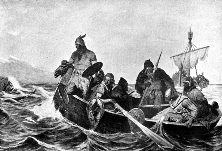 A black-and-white reproduction of a painting showing Norsemen in a ship