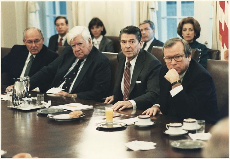 Reagan meeting with Congress on the invasion of Grenada in the Cabinet Room,