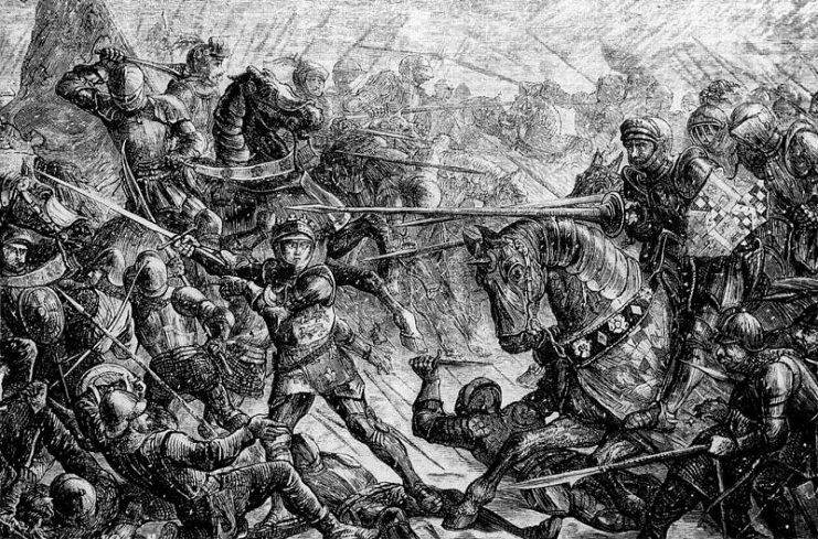 Engraving of Edward IV extolls his troops to fight their Lancastrian foes at the Battle of Towton