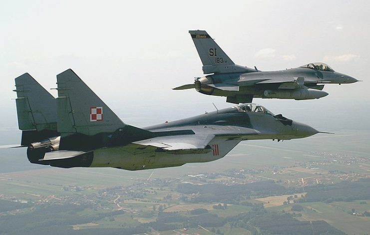 A Polish Air Force MiG-29 with a USAF F-16.