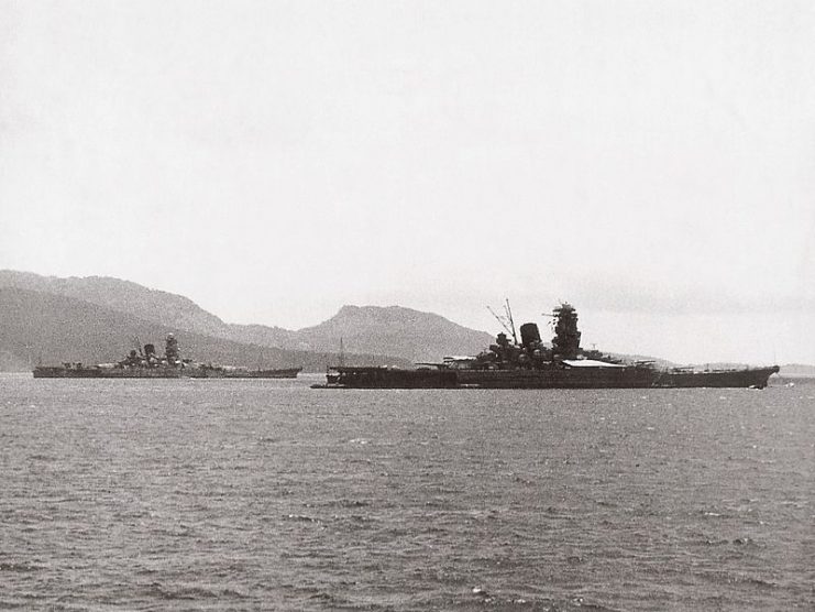 Yamato and Musashi anchored in the waters off of the Truk Islands in 1943