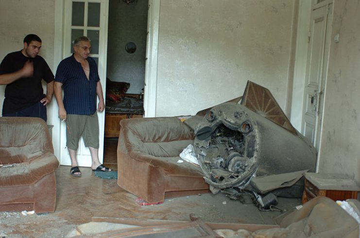 Nearly-intact Russian missile booster in the bedroom of a Gori house