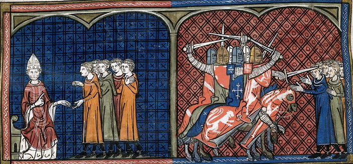 Dual miniature showing Innocent III excommunicating the Albigensians, and the crusaders massacring them