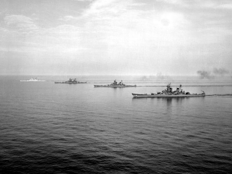 The four Iowa-class ships operating as Battleship Division 2 off the Virginia Capes in 1954; from front to back is Iowa, Wisconsin, Missouri and New Jersey