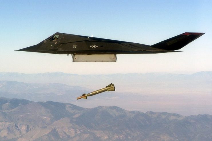 An F-117 Nighthawk engages it’s target and drops a GBU-28 guided bomb unit.