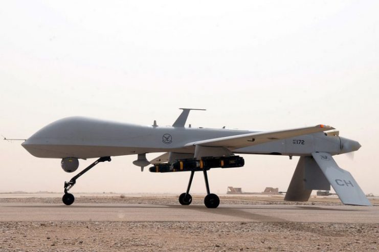 An MQ-1B Predator from the 361st Expeditionary Reconnaissance Squadron takes off 9 July 2008 from Ali Base, Iraq.