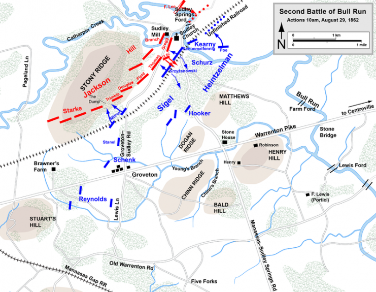 Aug 29, 10am.Sigel’s attack.Map of the Second Battle of Bull Run.Photo: Hal Jespersen CC BY 3.0