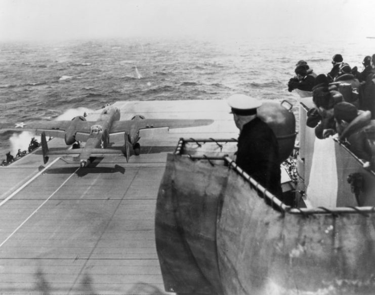 A U.S. Army Air Force North American B-25B Mitchell bomber taking off from the U.S. Navy aircraft carrier USS Hornet (CV-8) during the Doolittle Raid on 18 April 1942.