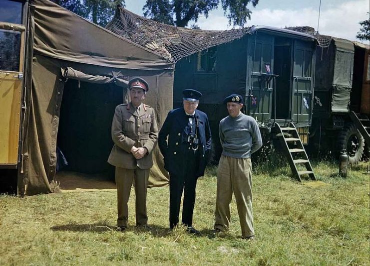 Winston Churchill with Gen. Alan Brooke visits Normandy and Gen. Bernard Montgomery shortly after the landings, 12 June 1944.