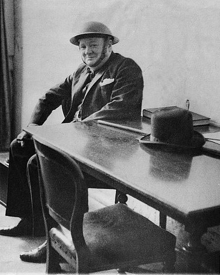 Churchill During an Air Raid Wearing a Helmet in 1940