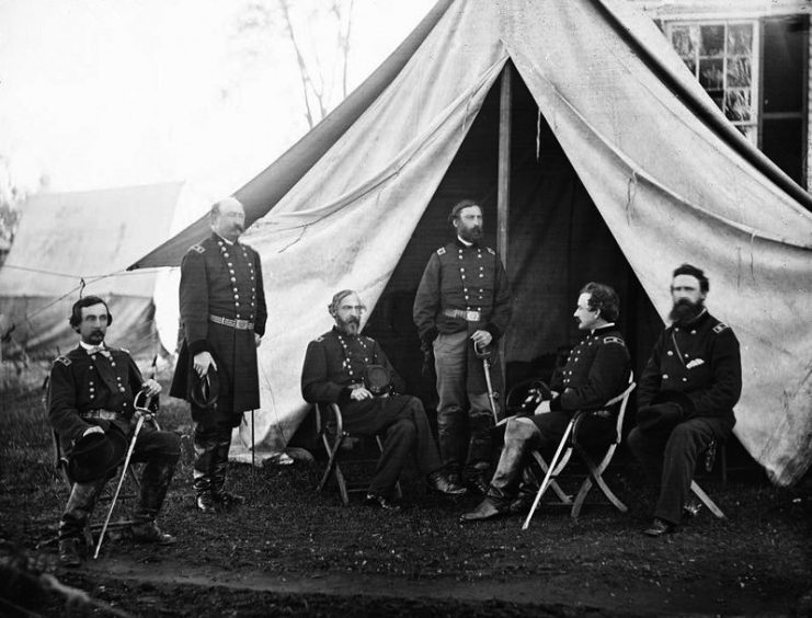 Commanders of the Army of the Potomac at Culpeper, Virginia, 1863. From the left: Gouverneur K. Warren, William H. French, George G. Meade, Henry J. Hunt, Andrew A. Humphreys, George Sykes