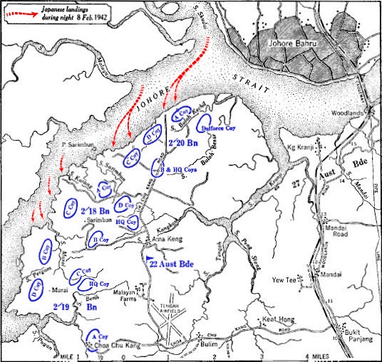 “Dispositions, 22nd Brigade, 10 p.m. 8th February” – the positions of Australian forces around Sarimbun, Singapore, 8 February 1942. The arrows indicate attacks by Japanese forces.