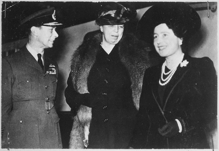 King George VI, Eleanor Roosevelt (center), and George’s wife, Queen Elizabeth, in London, 1942