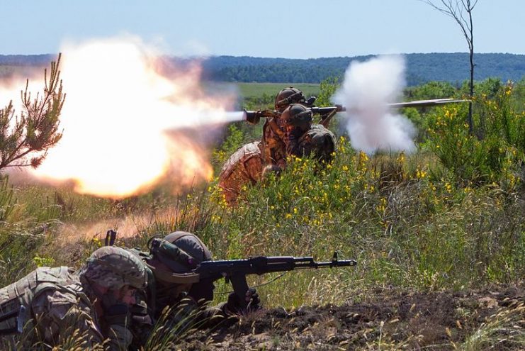 Soldiers with the Ukrainian national guard’s 3029th Regiment fire an RPG towards a mock target during a platoon live-fire exercise June 6, 2015