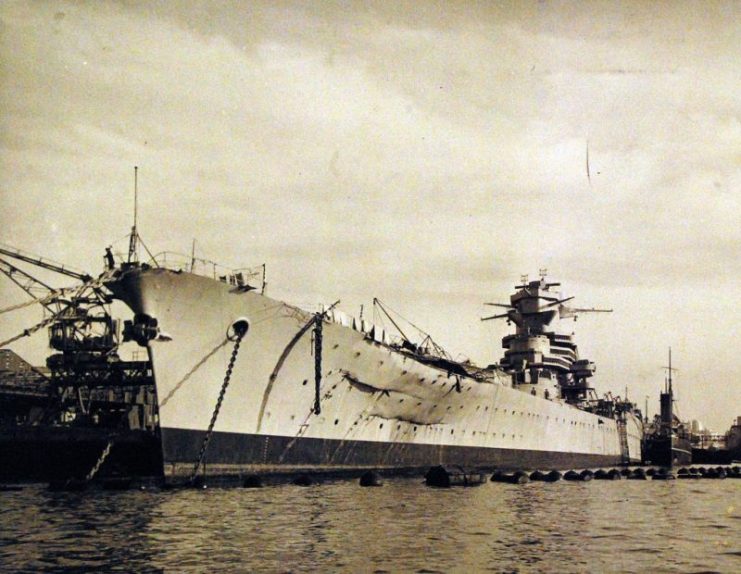 French battleship Jean Bart damaged from shell fire and bombs during the operation.