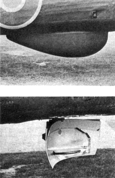 The H2S radome (top) and its enclosed scanning aerial (bottom) on a Halifax. The angled plate fixed to the top of the reflector modified the broadcast pattern to make nearby objects less bright on the display.