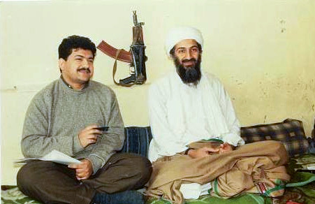 Pakistani journalist Hamid Mir interviewing al-Qaeda leader Osama bin Laden in Afghanistan, November 2001. By Hamid Mir CC BY-SA 3.0