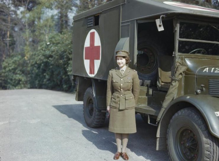 HRH Princess Elizabeth in the Auxiliary Territorial Service, April 1945 Princess Elizabeth, a 2nd Subaltern in the ATS standing in front of an ambulance.
