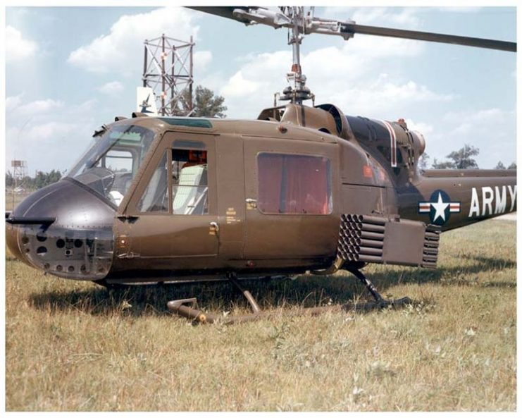 An early UH-1B (equipped with 70mm rockets) in an ARA configuration without door guns.