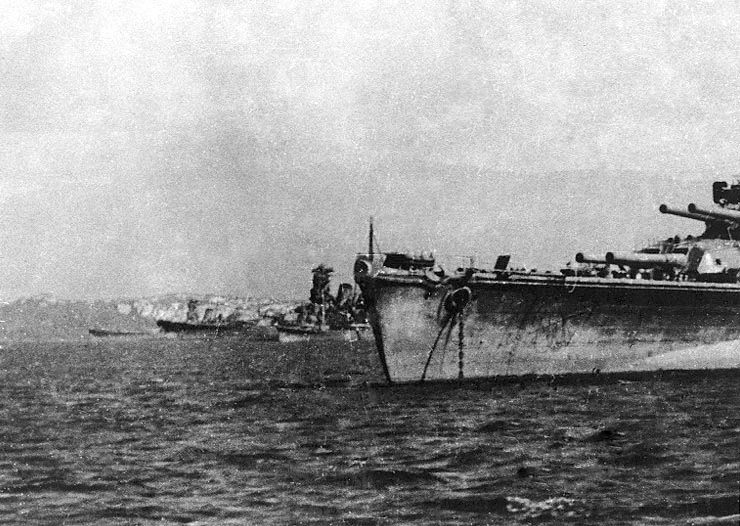 Photographed just prior to the Battle of Leyte Gulf. Ships are, from left to right: Musashi, Yamato, a cruiser, and Nagato.