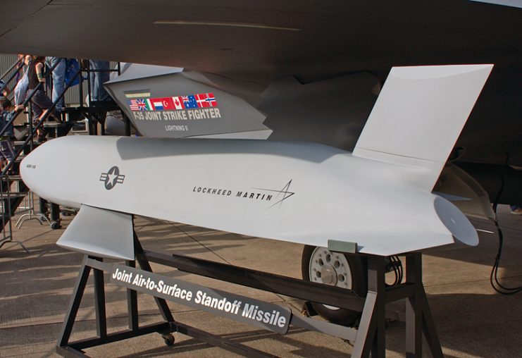 A mock-up display of the AGM-158 JASSM next to an F-35 prototype.