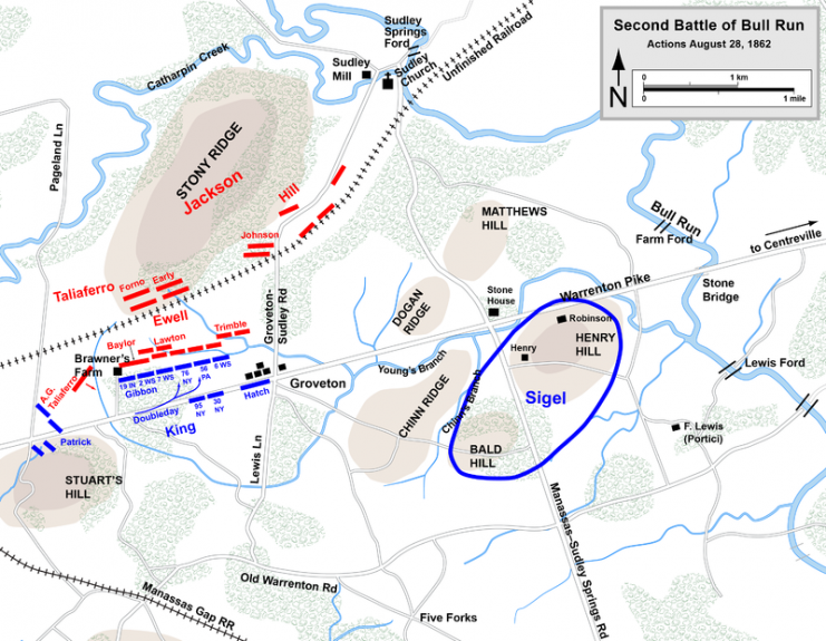 Map of the Second Battle of Bull Run of the American Civil War.Action at Brawner’s Farm, Aug 28. Photo: Hal Jespersen CC BY 3.0