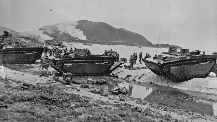 Marines and LVT on the beach of Iheya Jima Off Okinawa 16 July 45