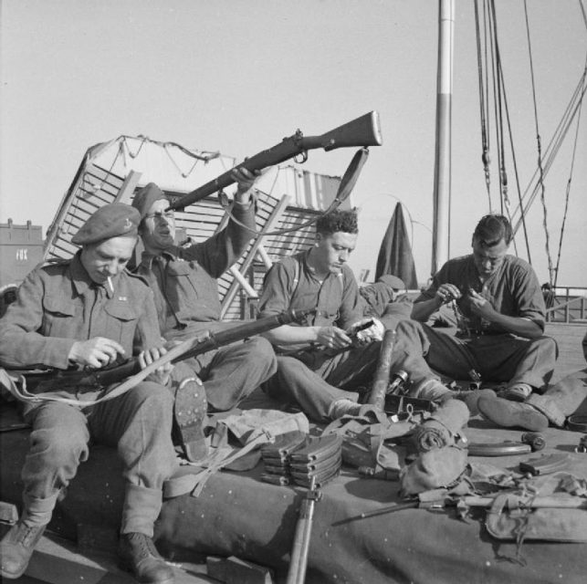 Soldiers of the 6 & 7 Battalions, Green Howards, 69th Brigade, 50th Division, 30 Corps, sorting out kit as they prepare for the journey to Normandy.