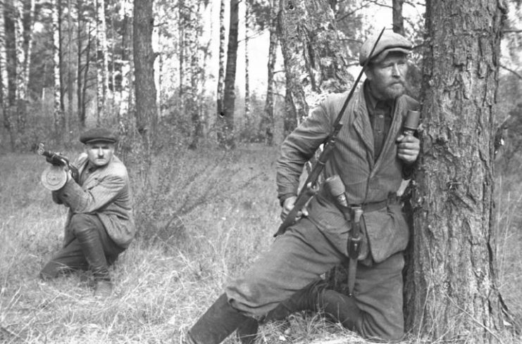 Partisans in the forest near Polotsk, Byelorussian SSR, September 1943.