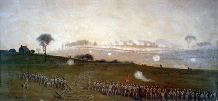 Pickett’s Charge from a position on the Confederate line looking toward the Union lines, Ziegler’s Grove on the left, a clump of trees on the right, painting by Edwin Forbes