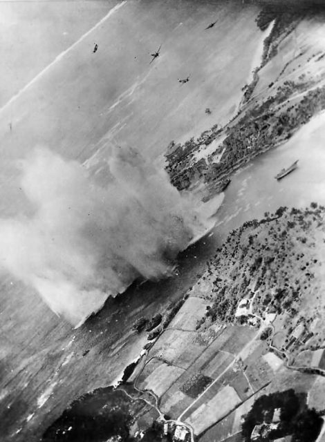 Planes Low Level Attack at Mouth of Bishi River pre invasion bombardment of Okinawa 1945