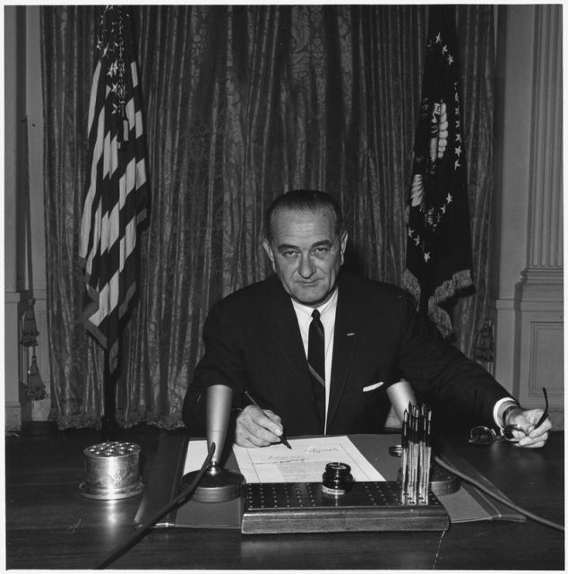 President Lyndon B. Johnson signs “Gulf of Tonkin” resolution.August 10, 1964