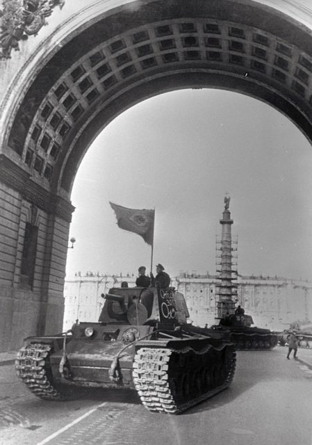 Tanks going to the front from Palace Square in besieged Leningrad. By RIA Novosti archive CC BY-SA 3.0