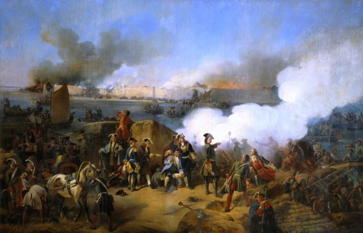 The storm of Swedish fortress of Nöteborg by Russian troops. Czar Peter I is shown in the center.