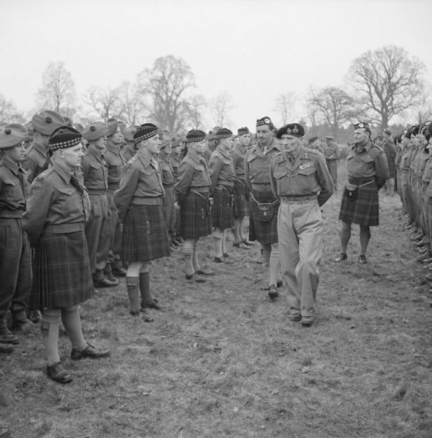 General Montgomery inspects men of the 5th/7th Battalion, Gordon Highlanders of the 51st (Highland) Division, at Beaconsfield, February 1944.