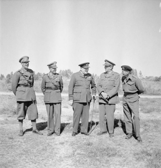 The British Prime Minister Winston Churchill with military leaders during his visit to Tripoli. The group includes: Lieutenant-General Sir Oliver Leese, General Sir Harold Alexander, General Sir Alan Brooke and General Sir Bernard Montgomery.