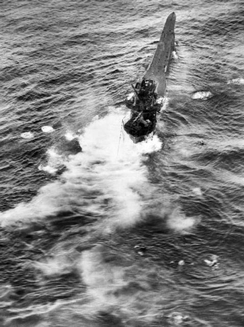 Oblique aerial photograph taken from Short Sunderland Mark III, EK586 ‘U’, of No. 10 Squadron RAAF during an attack on German type VIIC submarine U 426 in the Bay of Biscay.